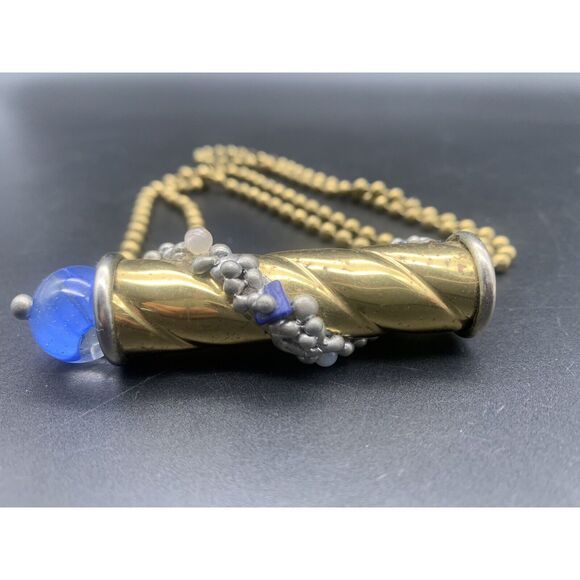 VINTAGE 3" BRASS KALEIDOSCOPE Necklace With Blue Marble - Picture 2 of 9